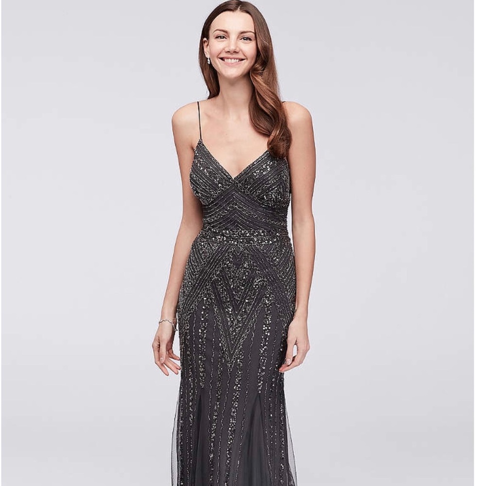 Beaded Mesh A-Line Gown with Godet Skirt